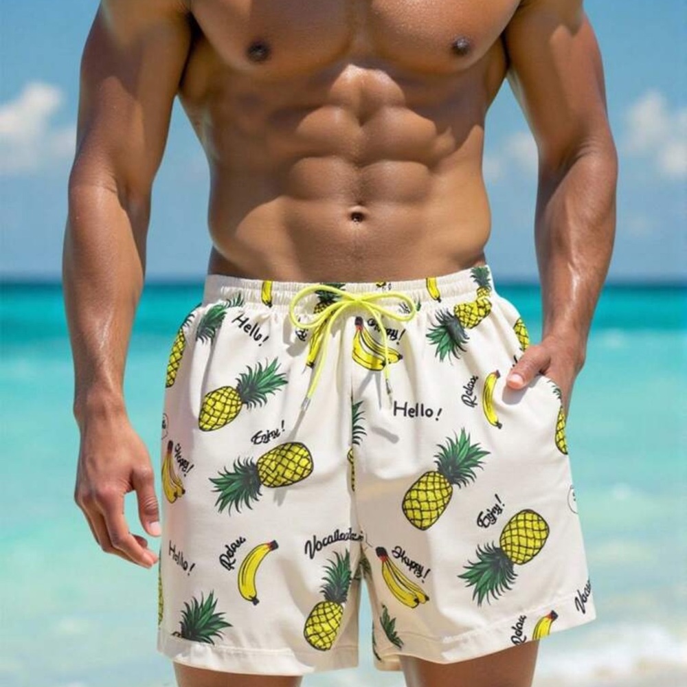 Manfinity Swimmode Men's Casual Pineapple Print Drawstring Waist Beach Shorts